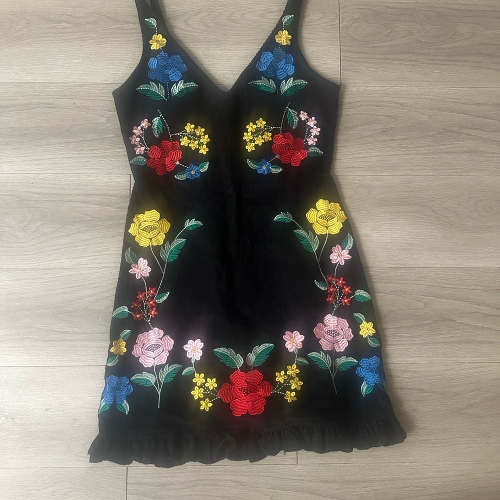 ASOS Corduroy Black Dress with Colorful Floral Embroidery size small